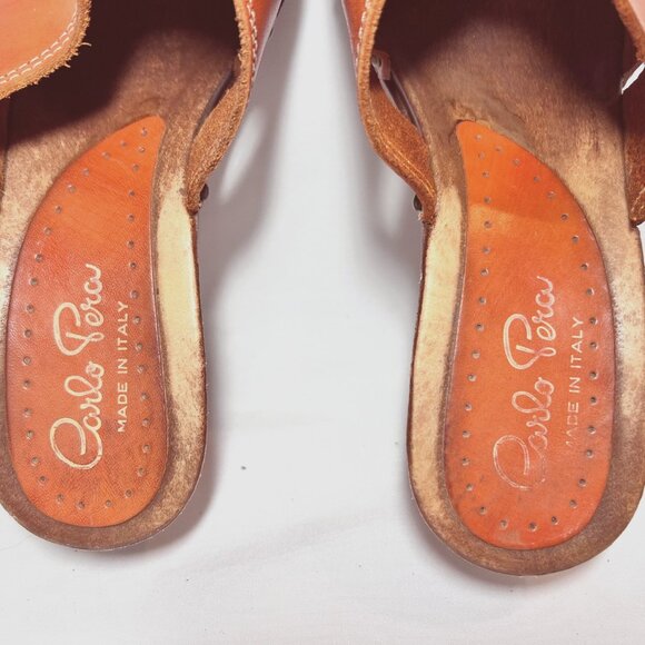 Carlo Pera-Made/Italy-Women's Slip on Clogs-Orange Leather-Sz 7-Studs-Wood-Open - Picture 13 of 16